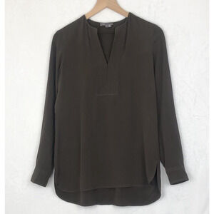 VINCE 100% Silk Tunic Top Women's Sz 4 Brown Long Sleeve‎ Popover V-Neck Luxury
